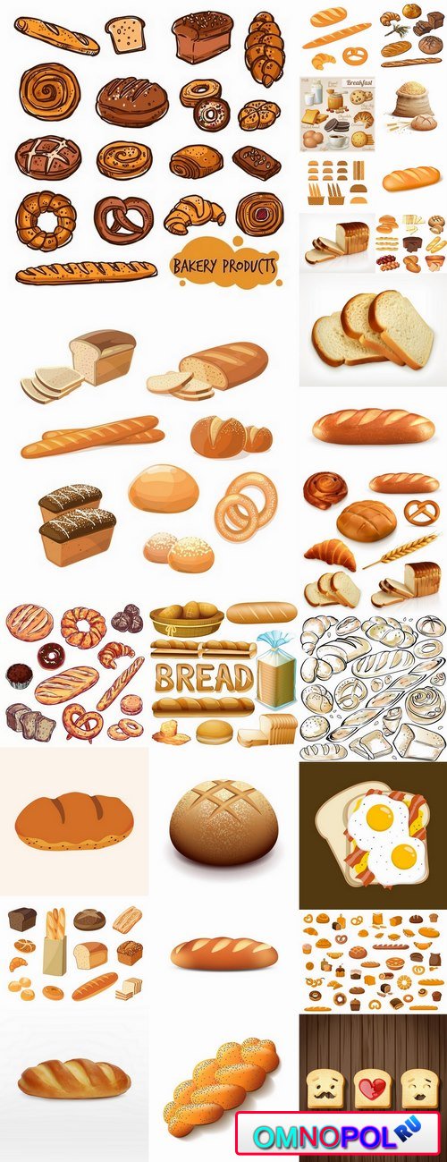 Bread bun croissant bagel bakery products vector image 25 EPS