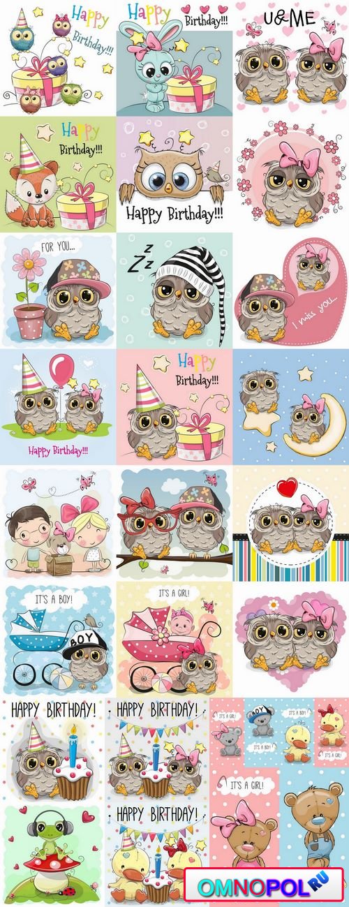 Different vector image gift cards with funny cartoon animals 3-25 Eps